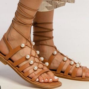 Stuart Weitzman Tan Sandals with Pearl Details